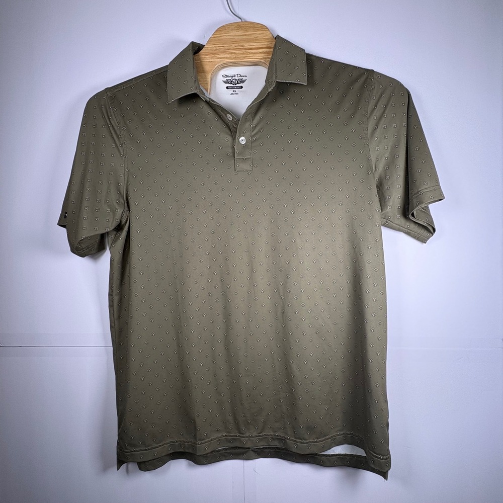 Straight Down Mens XL Performance Golf Polo Shirt Olive Geometric Short‎ Sleeve